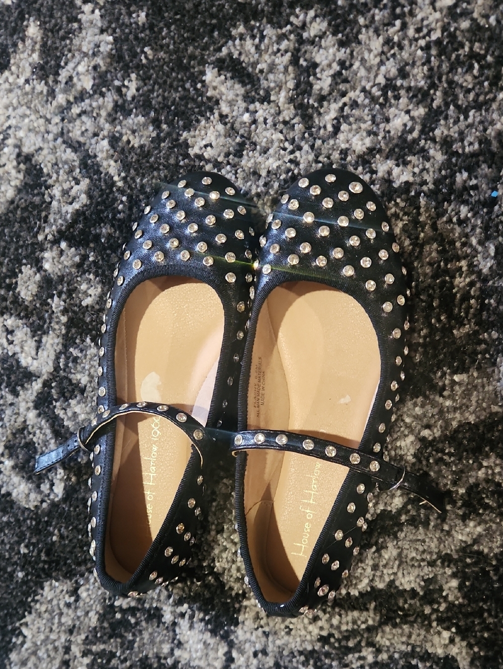 House of Harlow 1960 Black Rhimestone Studded Mary Jane Flats Womens 6.5 New!